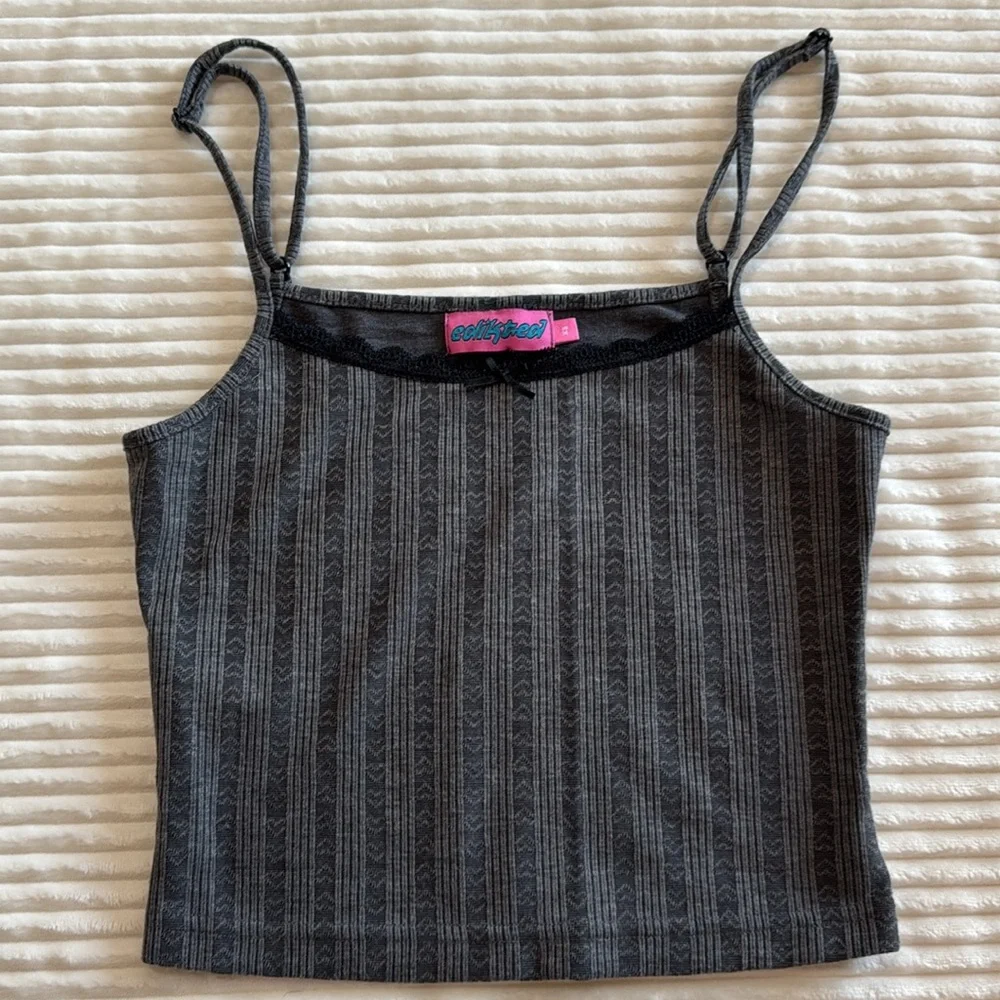 Edikted Set of 2 Spaghetti Strap Cropped Ribbed Tank Tops Floral Stripe Lace XS - Picture 2 of 14